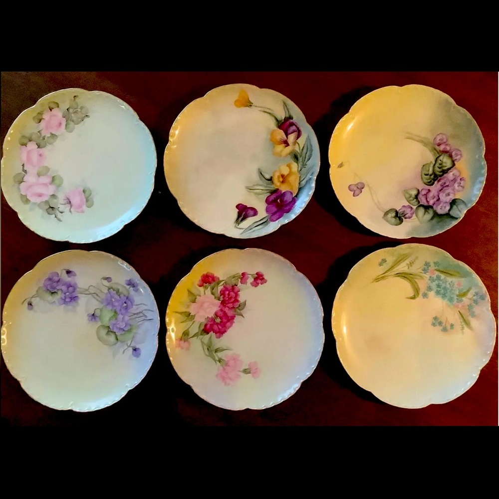 Antique Haviland Limoges Botanical Dessert Plates, Hand Painted Set of Six (6)